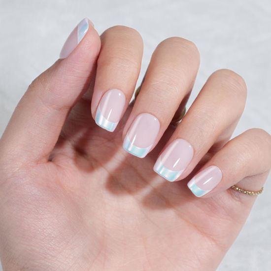 Picture of French Tip Press on Nails Short, Jofay Fashion Soft Gel Fake Nails, Classic Aurora French Nails, Reusable & Natural Acrylic False Nails, Stick on Nails for Women Girls Gift, Glue on Nails Kit 32 Pcs