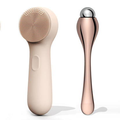 Picture of NågraCoola CLIE 2.0 Silicone Face Scrubber, Facial Cleansing Brush, Rechargeable, Waterproof Face Scrub Brush for Deep Cleansing, Exfoliating, Massage, with Eye Roller, for Women and Men - Oat