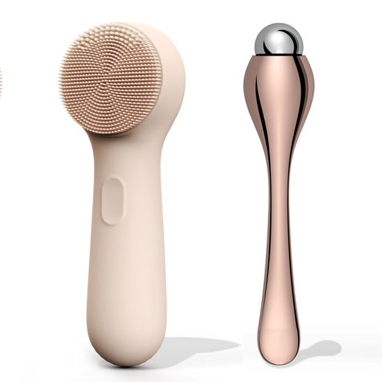 Picture of NågraCoola CLIE 2.0 Silicone Face Scrubber, Facial Cleansing Brush, Rechargeable, Waterproof Face Scrub Brush for Deep Cleansing, Exfoliating, Massage, with Eye Roller, for Women and Men - Oat
