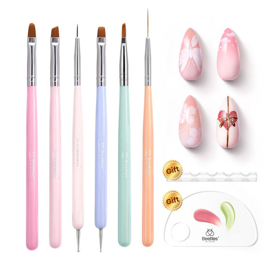 Picture of Beetles Nail Art Brushes, 6pcs Nail Art Tool Set, Nail Double-headed Dotting Tools, Striping Nail Art Brushes for Long/Short Lines, Nail Drawing Pen with Nail Brush Holder&Palette For Nail Design