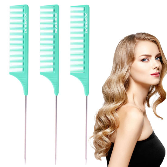 Picture of Goodofferplace 3 PCS Rat Tail Combs Parting Rattail Combs Teasing Fine Tooth Comb with Metal Pick for Curly Hair,Detangling Combs for Women,Parting Combs for Braiding,Styling Hair(Green)