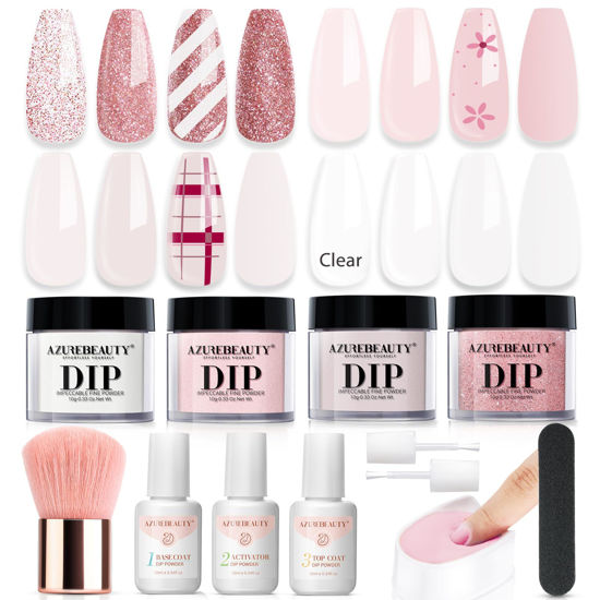 Picture of AZUREBEAUTY Dip Powder Nail Kit Starter, Clear Pale Pink Glitter, 4 Colors Pink Tones Dipping Powder Set, French Nail Art Base Top Coat Activator Liquid All Seasons Manicure DIY Salon 12 PCS