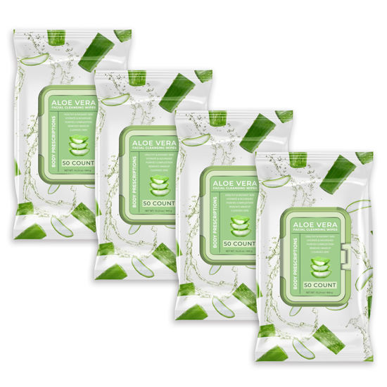 Picture of Body Prescription Makeup Cleansing Wipes - Gentle and Effective Face Wipes, 50 Count (Pack of 4), Aloe Vera