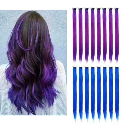 Picture of 16Pcs Color Clip in Hair Extensions Purple Blue Multiple Color Hair 20inch Colorful Straight Fashion Clip on Hairpieces for Girls Women(Purple + Blue)