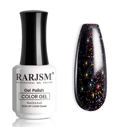 Picture of RARJSM Gel Nail Polish Black Glitter Sparkly Chunky Iridescent Rainbow Shimmer Pigments Nail Gel Polish Soak off Led UV Curing Required for Nail Art Salon Manicure 15ml Fall Winter Christmas