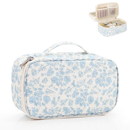 Picture of Relavel Travel Makeup Bag, Small Floral Cosmetic Bag with Makeup Brush Compartment, Portable Makeup Pouch for Women, Double Layer Makeup Organizer Bag Cute Toiletry Bag