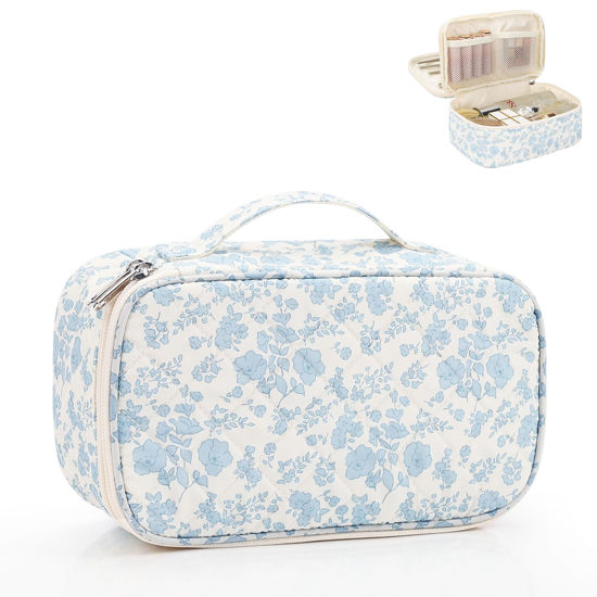 Picture of Relavel Travel Makeup Bag, Small Floral Cosmetic Bag with Makeup Brush Compartment, Portable Makeup Pouch for Women, Double Layer Makeup Organizer Bag Cute Toiletry Bag