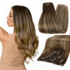 Picture of Full Shine Ombre Clip in Hair Extensions Brown Balayage Human Hair Fading to Medium Brown Mix Champagne Blonde Real Hair Clip in Extensions 4/24/4 Hair Color,7Pcs 20 Inch