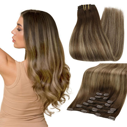 Picture of Full Shine Ombre Clip in Hair Extensions Brown Balayage Human Hair Fading to Medium Brown Mix Champagne Blonde Real Hair Clip in Extensions 4/24/4 Hair Color,7Pcs 20 Inch