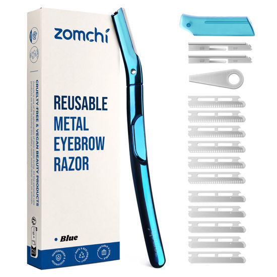 Picture of ZOMCHI Eyebrow Razor, Face Razors for Women&Men, Eyebrow Trimmer with Protective Silicone Cap, Dermaplane Razor-Easy&Safe Hair Removal(Blue,11 Blades)