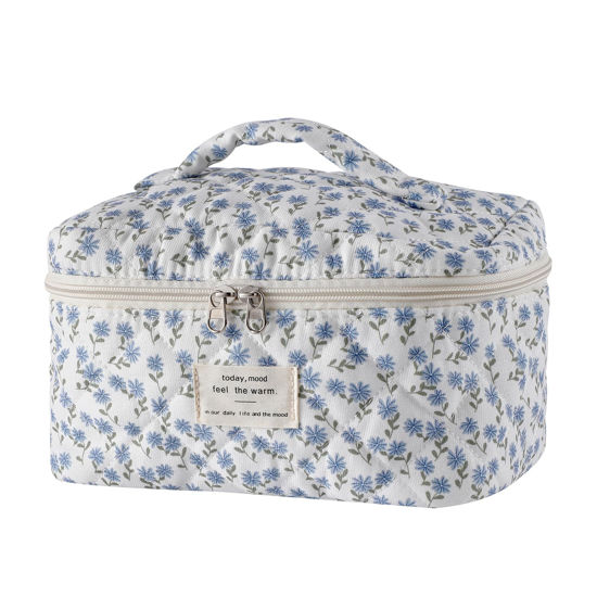 Picture of uekeboag Large Travel Quilted Makeup Bag for Women, Floral Cotton Cosmetic Bag, Coquette Aesthetic Floral Toiletry Organizer Bag(Little Blue Flower