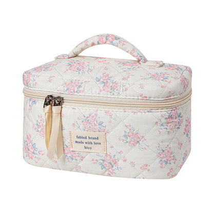 Picture of uekeboag Large Travel Quilted Makeup Bag for Women, Floral Cotton Cosmetic Bag, Coquette Aesthetic Floral Toiletry Organizer Bag (07PinkRose)