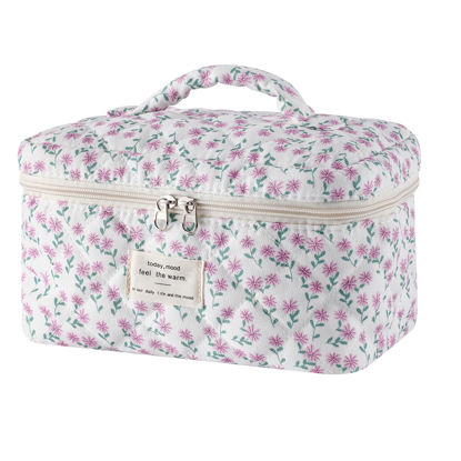 Picture of uekeboag Large Travel Quilted Makeup Bag for Women, Floral Cotton Cosmetic Bag, Coquette Aesthetic Floral Toiletry Organizer Bag(Little Purple Flower