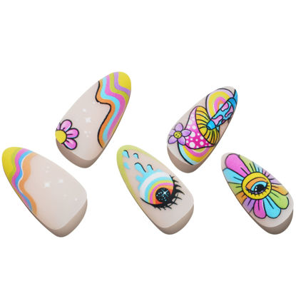 Picture of GLAMERMAID Press on Nails Medium Almond, Gothic Matte Rainbow Flower Glue on Gel Nails, 24Pcs Colorful Short Almond Mushroom Acrylic False Nails Kits Resuable UV Finish Full Cover Stick on Nails