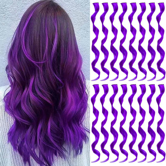 Picture of TOFAFA 16 Pcs Colored Hair Extensions Curly Wavy Clip in Synthetic Hairpiece Streak for Girls Women Kid, Multi-colors Party Highlights Cosplay Festival Gift(Purple)