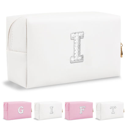 Picture of Personalized Birthday Gifts Initial Letter Makeup Bag for Women,Pearl Rhinestone Patch Cosmetic Bag Toiletry Bag,Pink Cute Preppy Pencil Pouch,Monogram Valentines Day Gift for Girls Mom Friend Wife,I