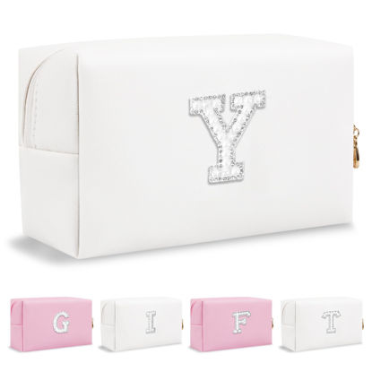 Picture of Personalized Birthday Gifts Initial Letter Makeup Bag for Women,Pearl Rhinestone Patch Cosmetic Bag Toiletry Bag,Pink Cute Preppy Pencil Pouch,Monogram Valentines Day Gift for Girls Mom Friend Wife,Y