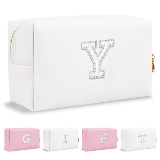 Picture of Personalized Birthday Gifts Initial Letter Makeup Bag for Women,Pearl Rhinestone Patch Cosmetic Bag Toiletry Bag,Pink Cute Preppy Pencil Pouch,Monogram Valentines Day Gift for Girls Mom Friend Wife,Y