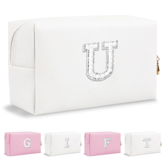 Picture of Personalized Birthday Gifts Initial Letter Makeup Bag for Women,Pearl Rhinestone Patch Cosmetic Bag Toiletry Bag,Pink Cute Preppy Pencil Pouch,Monogram Valentines Day Gift for Girls Mom Friend Wife,U