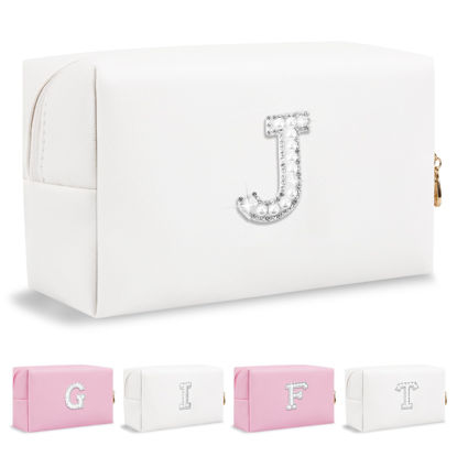 Picture of Personalized Birthday Gifts Initial Letter Makeup Bag for Women,Pearl Rhinestone Patch Cosmetic Bag Toiletry Bag,Pink Cute Preppy Pencil Pouch,Monogram Valentines Day Gift for Girls Mom Friend Wife,J