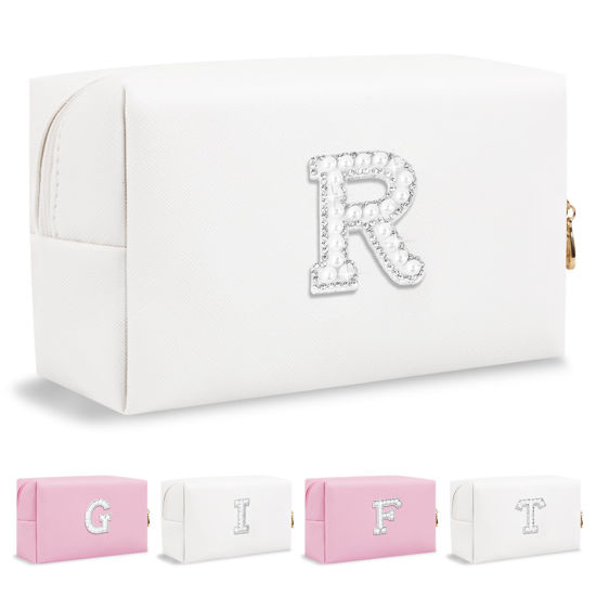 Picture of Personalized Birthday Gifts Initial Letter Makeup Bag for Women,Pearl Rhinestone Patch Cosmetic Bag Toiletry Bag,Pink Cute Preppy Pencil Pouch,Monogram Valentines Day Gift for Girls Mom Friend Wife,R