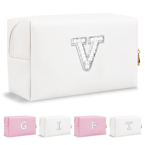 Picture of Personalized Birthday Gifts Initial Letter Makeup Bag for Women,Pearl Rhinestone Patch Cosmetic Bag Toiletry Bag,Pink Cute Preppy Pencil Pouch,Monogram Valentines Day Gift for Girls Mom Friend Wife,V