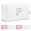 Picture of Personalized Birthday Gifts Initial Letter Makeup Bag for Women,Pearl Rhinestone Patch Cosmetic Bag Toiletry Bag,Pink Cute Preppy Pencil Pouch,Monogram Valentines Day Gift for Girls Mom Friend Wife,P