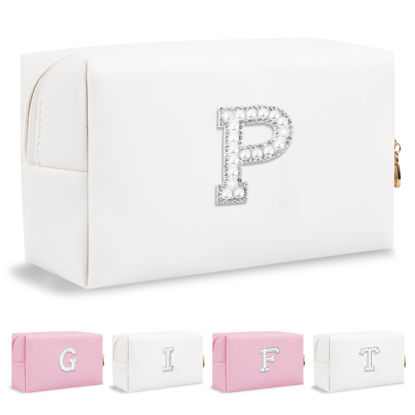 Picture of Personalized Birthday Gifts Initial Letter Makeup Bag for Women,Pearl Rhinestone Patch Cosmetic Bag Toiletry Bag,Pink Cute Preppy Pencil Pouch,Monogram Valentines Day Gift for Girls Mom Friend Wife,P