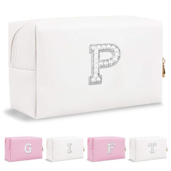Picture of Personalized Birthday Gifts Initial Letter Makeup Bag for Women,Pearl Rhinestone Patch Cosmetic Bag Toiletry Bag,Pink Cute Preppy Pencil Pouch,Monogram Valentines Day Gift for Girls Mom Friend Wife,P