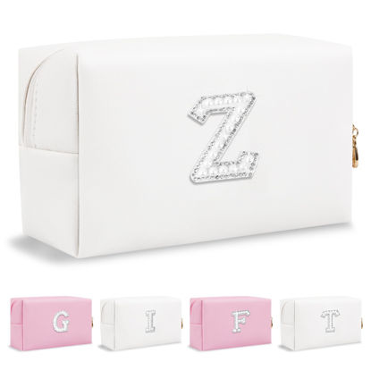 Picture of Personalized Birthday Gifts Initial Letter Makeup Bag for Women,Pearl Rhinestone Patch Cosmetic Bag Toiletry Bag,Pink Cute Preppy Pencil Pouch,Monogram Valentines Day Gift for Girls Mom Friend Wife,Z