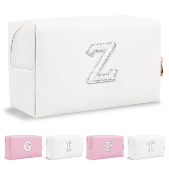 Picture of Personalized Birthday Gifts Initial Letter Makeup Bag for Women,Pearl Rhinestone Patch Cosmetic Bag Toiletry Bag,Pink Cute Preppy Pencil Pouch,Monogram Valentines Day Gift for Girls Mom Friend Wife,Z