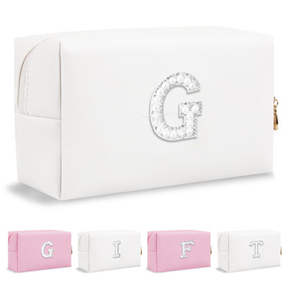 Picture of Personalized Birthday Gifts Initial Letter Makeup Bag for Women,Pearl Rhinestone Patch Cosmetic Bag Toiletry Bag,Pink Cute Preppy Pencil Pouch,Monogram Valentines Day Gift for Girls Mom Friend Wife,G