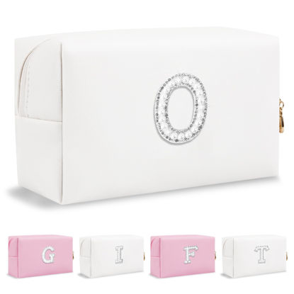 Picture of Personalized Birthday Gifts Initial Letter Makeup Bag for Women,Pearl Rhinestone Patch Cosmetic Bag Toiletry Bag,Pink Cute Preppy Pencil Pouch,Monogram Valentines Day Gift for Girls Mom Friend Wife,O