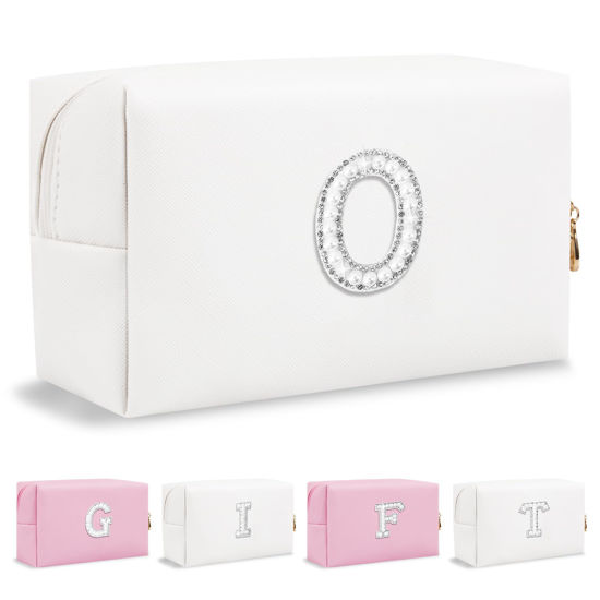 Picture of Personalized Birthday Gifts Initial Letter Makeup Bag for Women,Pearl Rhinestone Patch Cosmetic Bag Toiletry Bag,Pink Cute Preppy Pencil Pouch,Monogram Valentines Day Gift for Girls Mom Friend Wife,O
