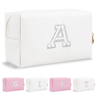 Picture of Personalized Birthday Gifts Initial Letter Makeup Bag for Women,Pearl Rhinestone Patch Cosmetic Bag Toiletry Bag,Pink Cute Preppy Pencil Pouch,Monogram Valentines Day Gift for Girls Mom Friend Wife,A