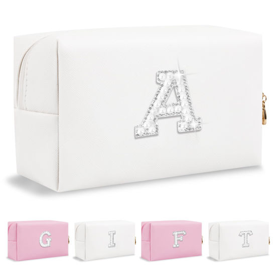 Picture of Personalized Birthday Gifts Initial Letter Makeup Bag for Women,Pearl Rhinestone Patch Cosmetic Bag Toiletry Bag,Pink Cute Preppy Pencil Pouch,Monogram Valentines Day Gift for Girls Mom Friend Wife,A