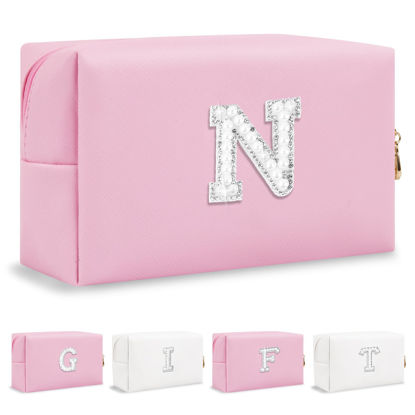 Picture of Personalized Birthday Gifts Initial Letter Makeup Bag for Women,Pearl Rhinestone Patch Cosmetic Bag Toiletry Bag,Pink Cute Preppy Pencil Pouch,Monogram Valentines Day Gift for Girls Mom Friend Wife,N