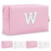 Picture of Personalized Birthday Gifts Initial Letter Makeup Bag for Women,Pearl Rhinestone Patch Cosmetic Bag Toiletry Bag,Pink Cute Preppy Pencil Pouch,Monogram Valentines Day Gift for Girls Mom Friend Wife,W