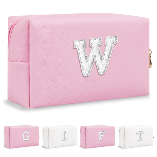 Picture of Personalized Birthday Gifts Initial Letter Makeup Bag for Women,Pearl Rhinestone Patch Cosmetic Bag Toiletry Bag,Pink Cute Preppy Pencil Pouch,Monogram Valentines Day Gift for Girls Mom Friend Wife,W