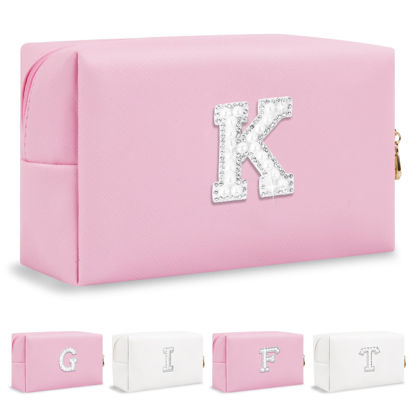 Picture of Personalized Birthday Gifts Initial Letter Makeup Bag for Women,Pearl Rhinestone Patch Cosmetic Bag Toiletry Bag,Pink Cute Preppy Pencil Pouch,Monogram Valentines Day Gift for Girls Mom Friend Wife,K