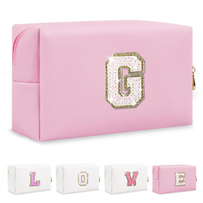 Picture of Small Personalized Initial A-Z Patch Makeup Bag,White Cute PU Leather Glitter Letter Cosmetic Bag for Teen Girls,Travel Toiletry Bag with Zipper,Preppy Monogrammed Birthday Valentines Day Gifts G