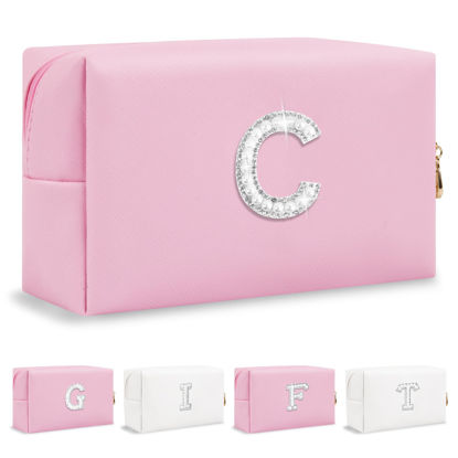 Picture of Personalized Birthday Gifts Initial Letter Makeup Bag for Women,Pearl Rhinestone Patch Cosmetic Bag Toiletry Bag,Pink Cute Preppy Pencil Pouch,Monogram Valentines Day Gift for Girls Mom Friend Wife,C