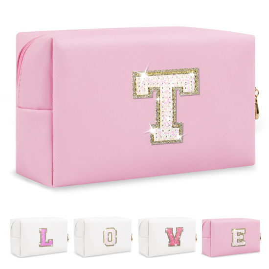 Picture of Small Personalized Initial A-Z Patch Makeup Bag,White Cute PU Leather Glitter Letter Cosmetic Bag for Teen Girls,Travel Toiletry Bag with Zipper,Preppy Monogrammed Birthday Valentines Day Gifts T