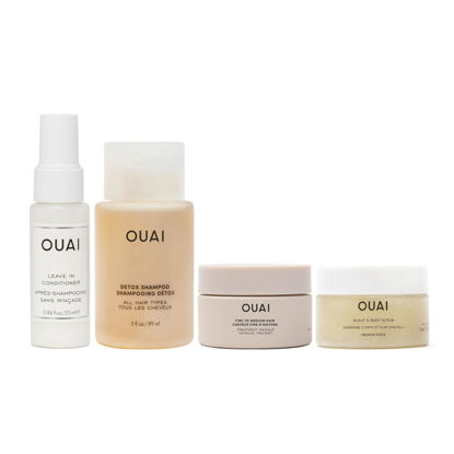 Picture of OUAI Travel Kit - Includes Travel Size Leave In Conditioner, Detox Shampoo, Fine to Medium Hair Mask, Scalp & Body Scrub - Travel Size Stocking Stuffers for Women (4 Count)