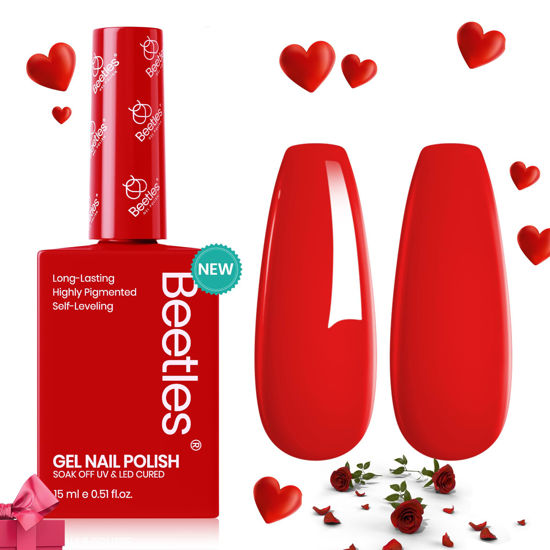 Picture of Beetles Red Gel Nail Polish 15ml 0.51 FL.OZ Valentine Red Color Soak Off U V LED Gel Polish Nail Art Design Manicure Salon DIY Gel Home Colorful Bottle Gel