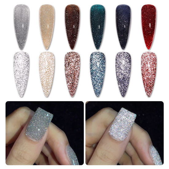 Picture of GAOY Reflective Glitter Gel Nail Polish Set, 6 Colors Including Red Brown Blue Holographic Glitter Gel Polish Kit UV LED Soak Off Sparkly Home DIY Manicure Nail Salon Shiny Varnish