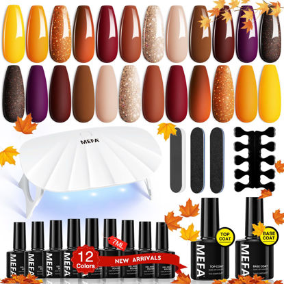 Picture of MEFA 19 Pcs Gel Nail Polish Kit with U V Light, 12 Colors Fall Gel Nail Polish Set Burgundy Red Champagne Gold Purple Glitter Gel Soak Off Manicure Tools Halloween Beginners Salon Art DIY for Women