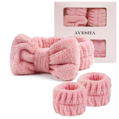 Picture of Ayesha Spa Headband and Wristband Set for Skincare Washing Face,Makeup Headband Wrist Cuffs for Preppy Skincare Get Ready Headband for Women Girl (Pink set)