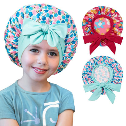 Picture of choshion 2 PCS Kids Bonnets for Girls, Silk Bonnet for Kids, Bonnet for Kids, Satin Bonnet for Sleeping, Baby Toddler Tie Bonnet Sleep Cap Bonnet for Curly Hair Braids