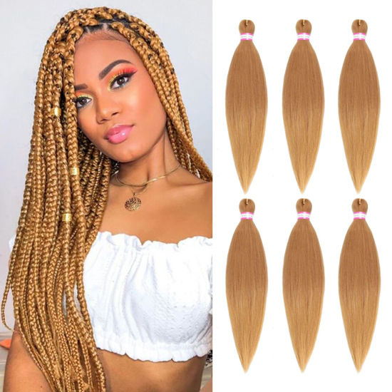 Picture of Dorsanee Honey Blonde Braiding Hair Pre Stretched 20 Inch 6 Packs Braiding Hair Extensions for Crochet Box Braids Twists Locs Hair Itch Free Soft Yaki Texture Hot Water Setting (20inch,#27)